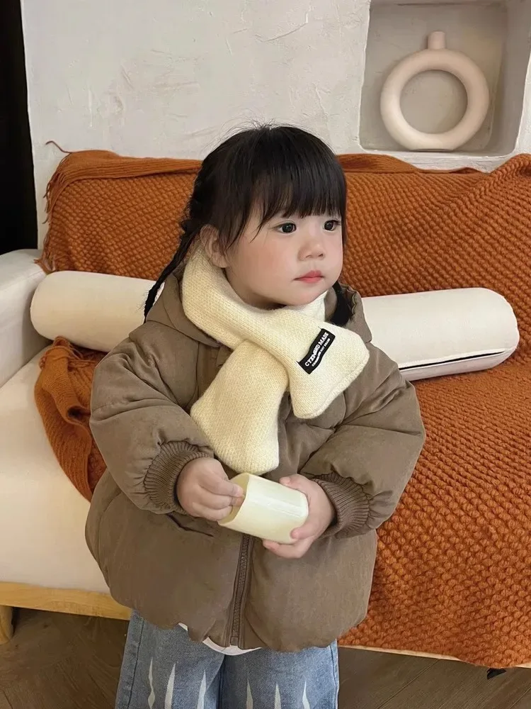 Toddler Bear-Ear Hooded Puffer Jacket — Brown, worn with scarf