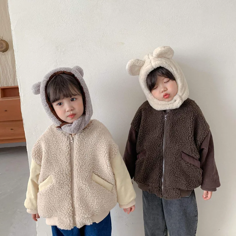 Toddler Boucle Bomber Jacket — 2 Colourways — Beige and Dark Brown, worn pair view