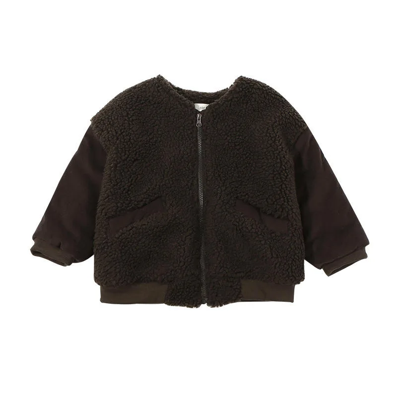 Toddler Boucle Bomber Jacket — 2 Colourways — Dark Brown, flat lay