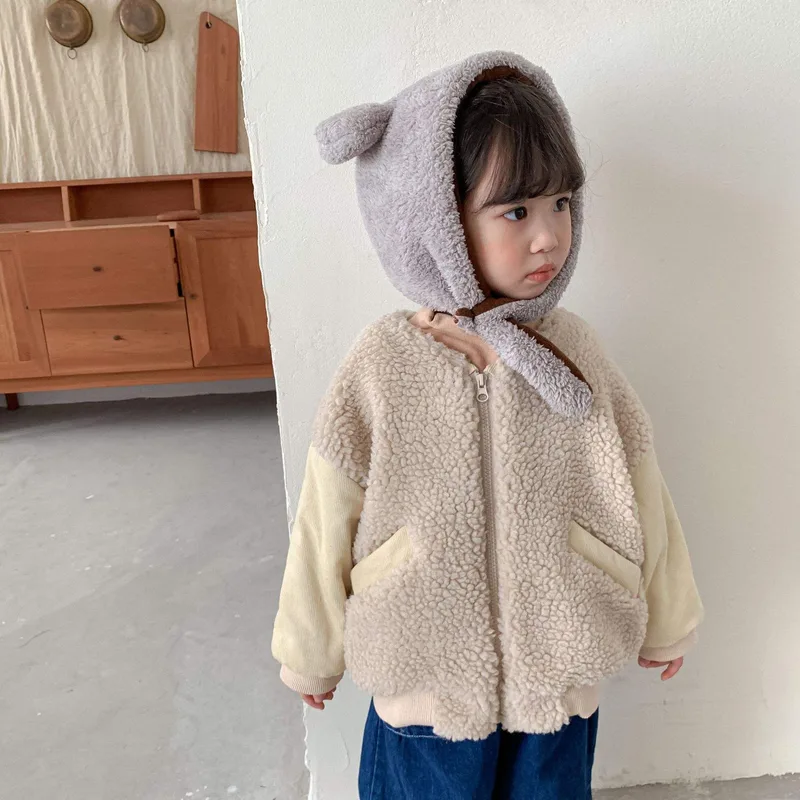 Toddler Boucle Bomber Jacket — 2 Colourways — Beige, worn front view