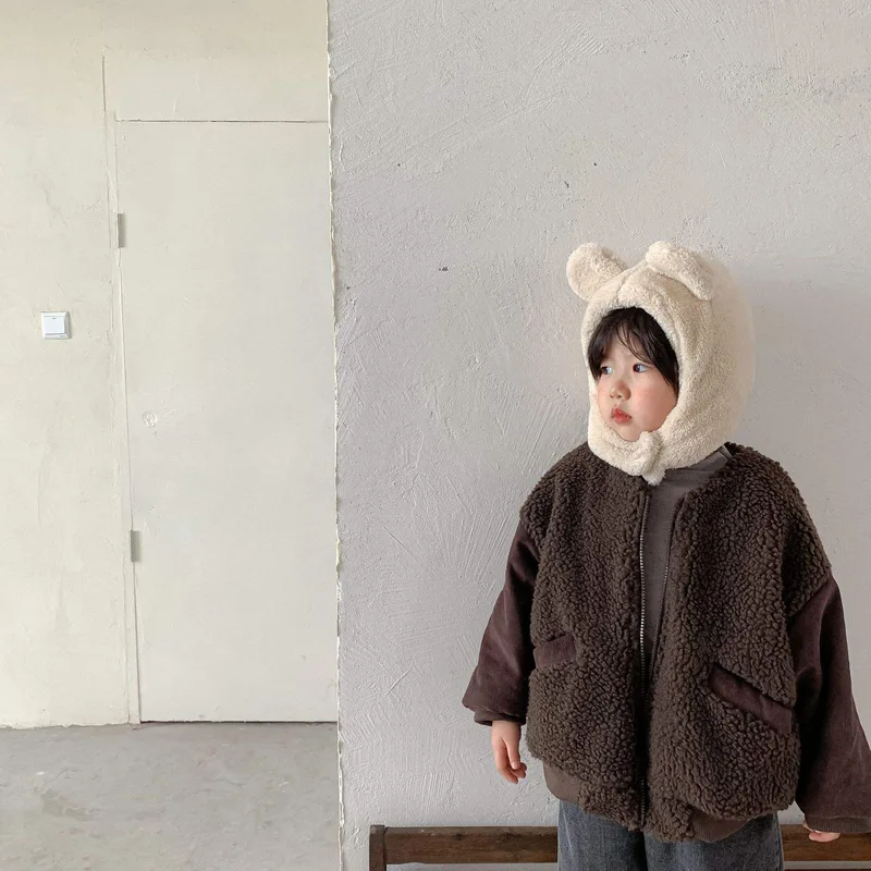 Toddler Boucle Bomber Jacket — 2 Colourways — Dark Brown, worn front view