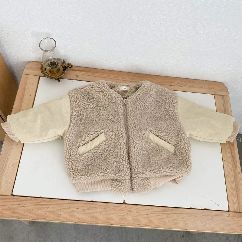 Toddler Boucle Bomber Jacket — 2 Colourways — Beige, flat lay