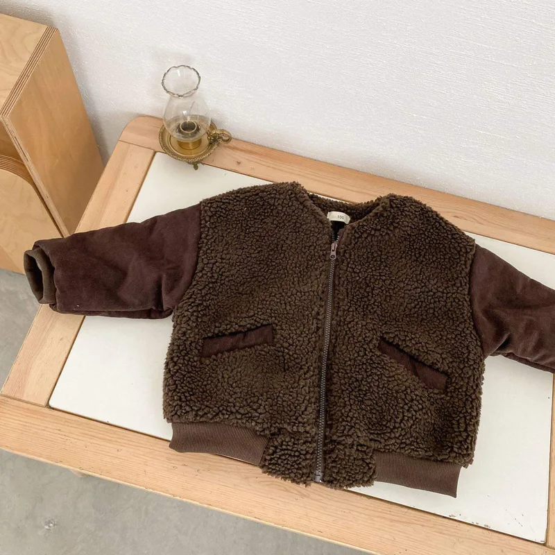 Toddler Boucle Bomber Jacket — 2 Colourways — Dark Brown, flat lay