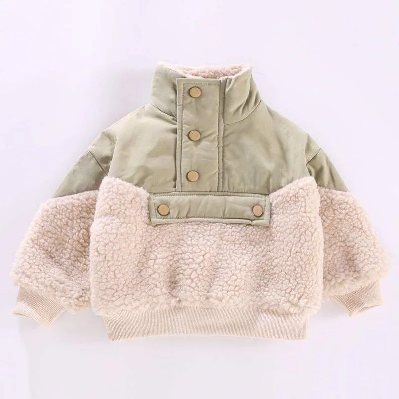 Toddler Boucle Splice Jacket — 2 Styles — Sage & Cream — Style A, front view
