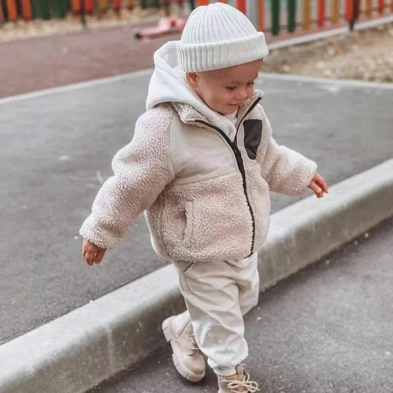 Toddler Boucle Splice Jacket — 2 Styles — Cream — Style B, worn view