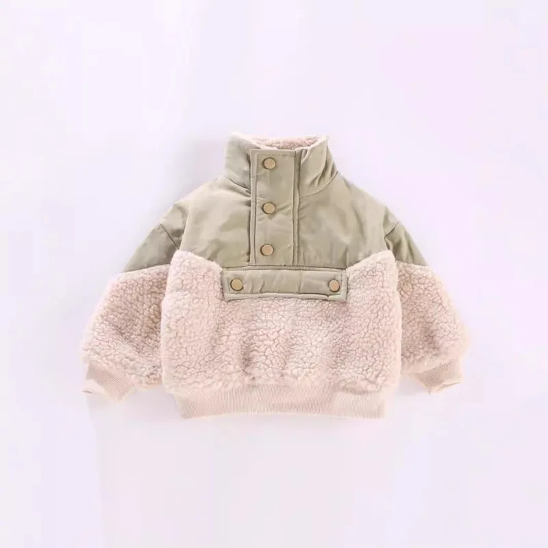 Toddler Boucle Splice Jacket — 2 Styles — Sage & Cream — Style A, front view