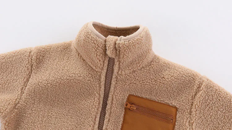 Toddler Lamb-Fleece Zip Jacket — Camel — Camel, collar and pocket detail