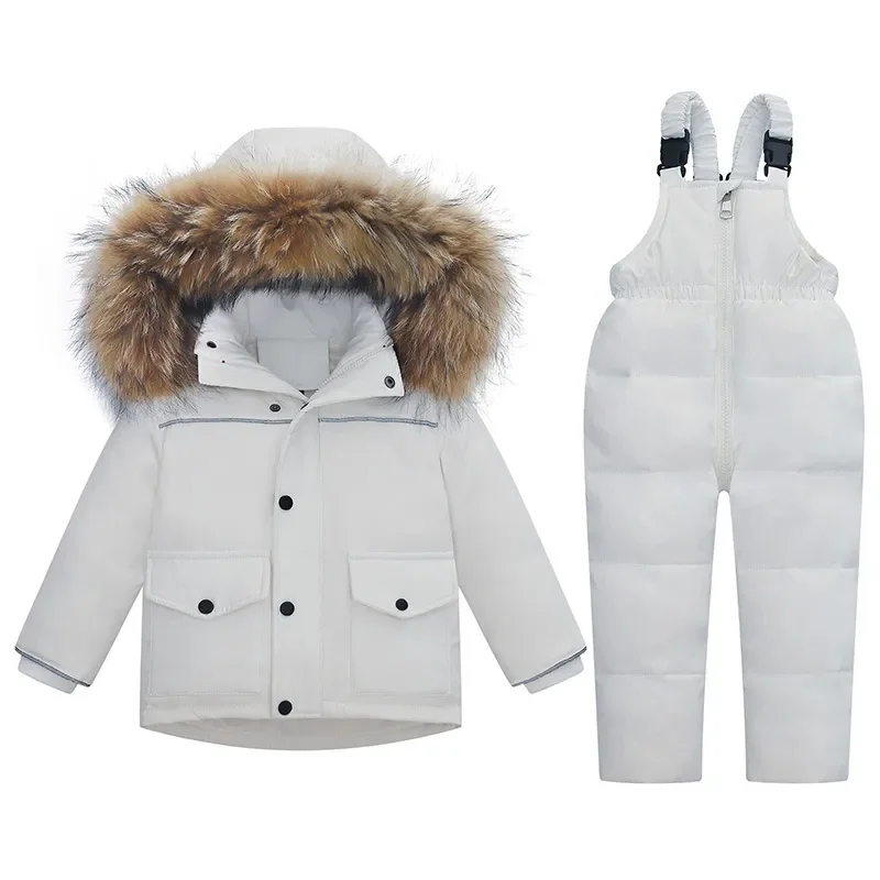 Toddler two-piece ski set in winter white — insulated jacket with faux-fur trimmed hood and matching bib pants