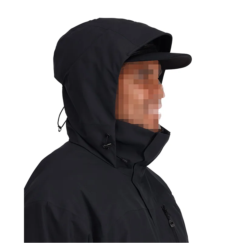 Unisex 3-Layer Hardshell Jacket — Black — Black, side view, worn with hood up