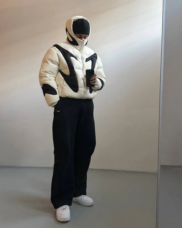 Unisex Abstract-Panel Puffer Jacket — 2 Colourways — White & Black, worn front view, hood up