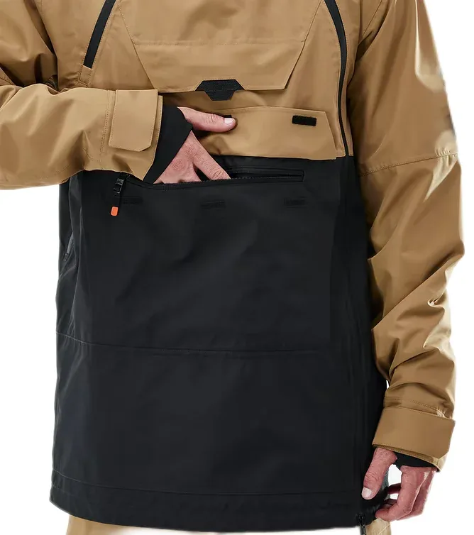 Unisex Anorak Ski Jacket — Tan & Black — Tan & Black, kangaroo pocket detail