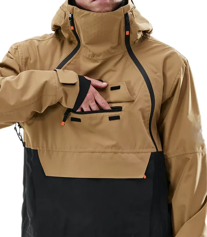 Unisex Anorak Ski Jacket — Tan & Black — Tan & Black, chest pocket detail