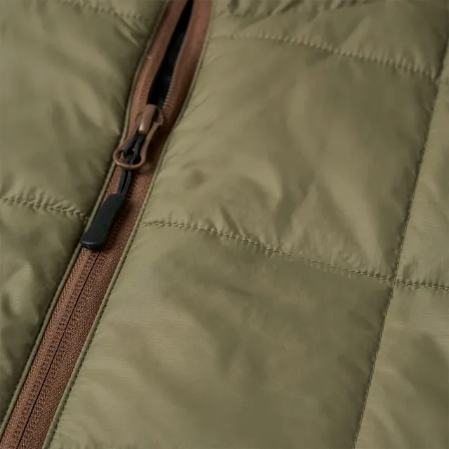 Unisex Box-Quilted Hooded Jacket — Army Green — Army Green, front zip detail