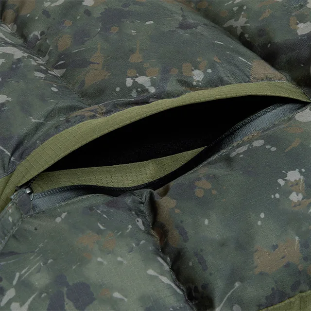 Unisex Camo-Panel Insulated Jacket — Olive Green — Olive Green / Camo, pocket close-up