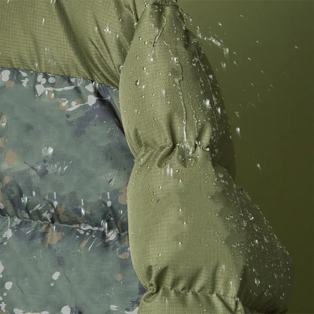 Unisex Camo-Panel Insulated Jacket — Olive Green — Olive Green / Camo, water beading on the shell fabric