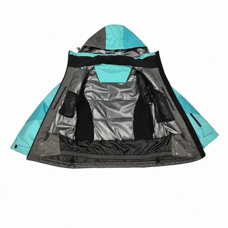 Unisex Colour-Block Puffer Jacket — Teal — Teal Colour-Block, open view, showing the silver lining