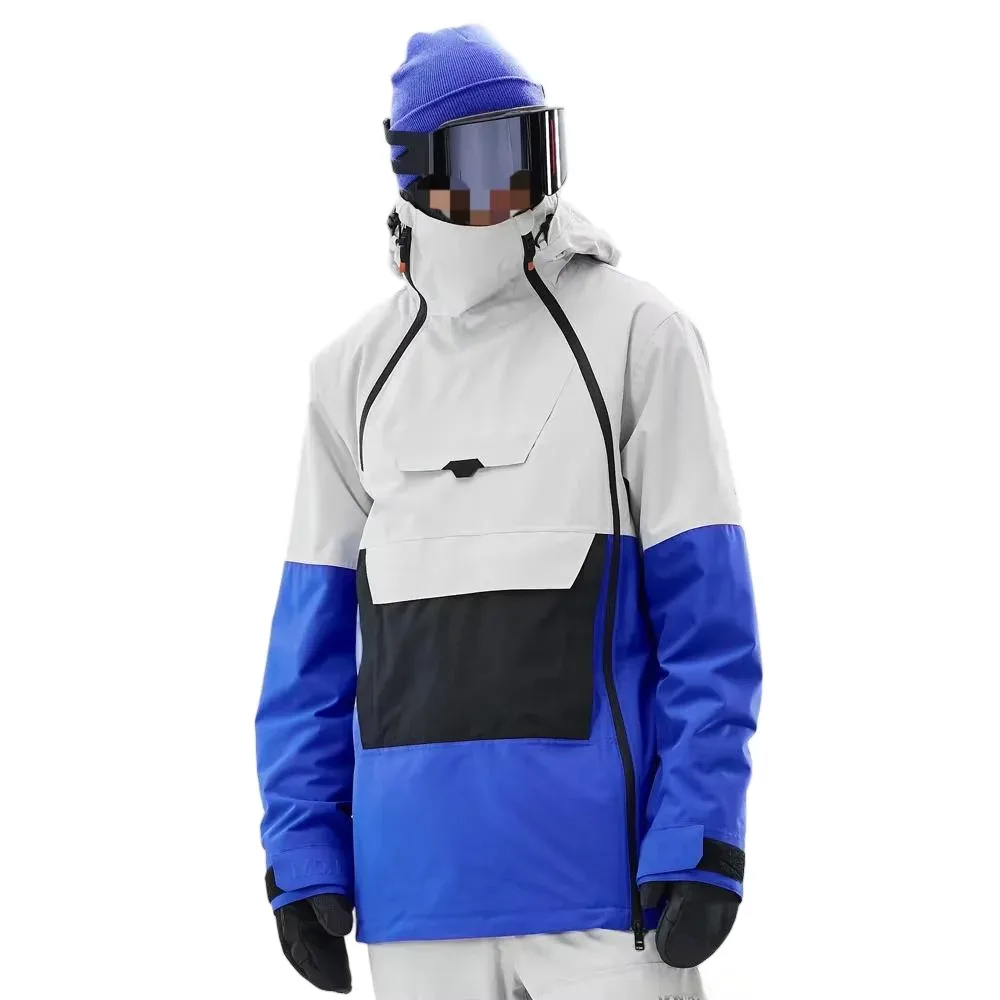 Unisex Colour-Block Ski Jacket — Grey / Blue / Black, worn front view