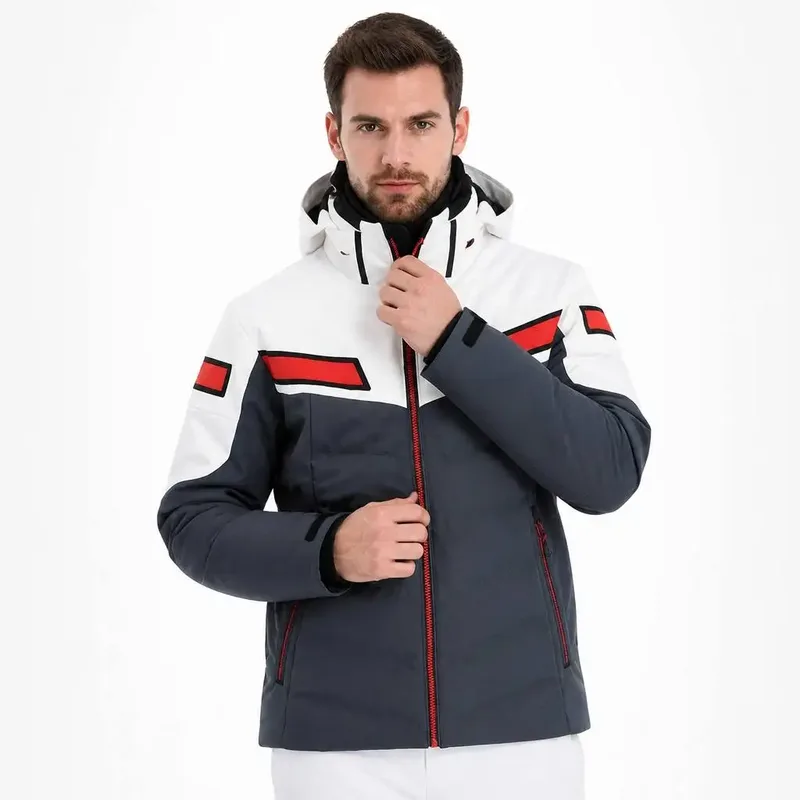 Unisex Colour-Block Ski Jacket & Pants Set — White & Navy, worn close-up view