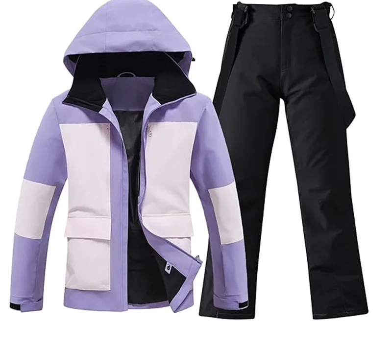 Unisex Colour-Block Ski Suit Set — 4 Colourways — Lavender & White, jacket and pants set