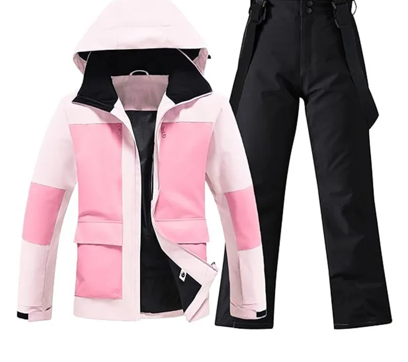 Unisex Colour-Block Ski Suit Set — 4 Colourways — Pink & White, jacket and pants set