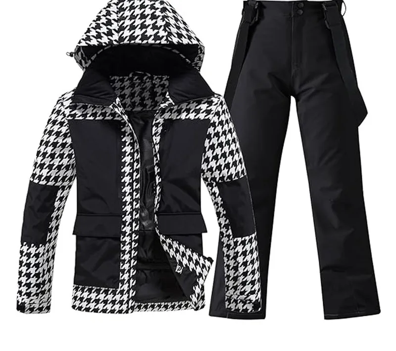 Unisex Colour-Block Ski Suit Set — 4 Colourways — Houndstooth & Black, jacket and pants set