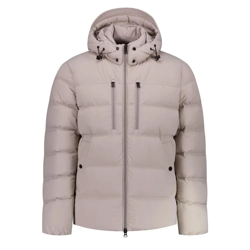 Unisex Cotton-Filled Puffer Jacket — Beige, Dark Blue & Black — Beige, front view