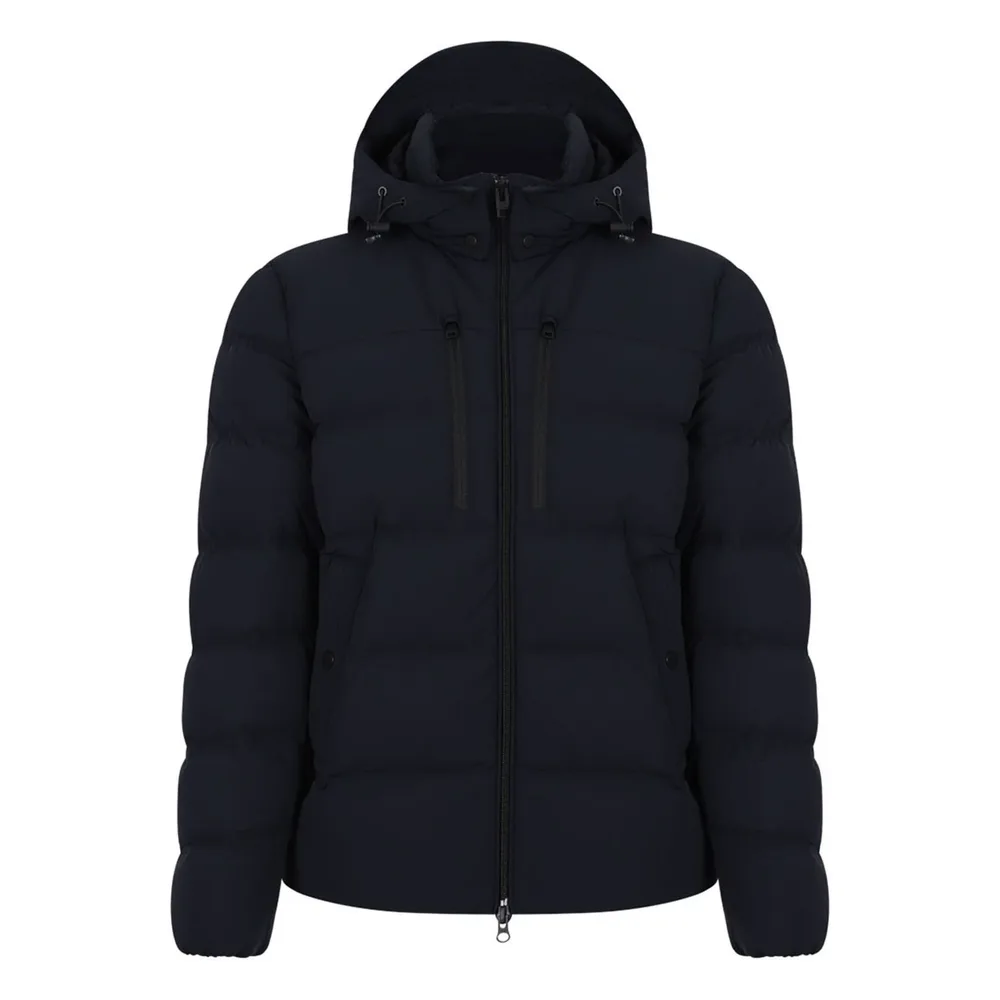 Unisex Cotton-Filled Puffer Jacket — Beige, Dark Blue & Black — Dark Blue, front view