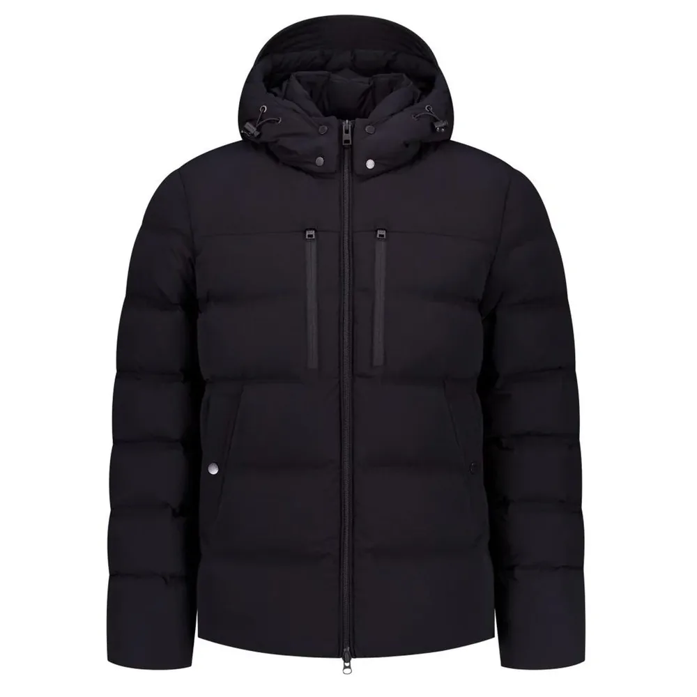Unisex Cotton-Filled Puffer Jacket — Beige, Dark Blue & Black — Black, front view