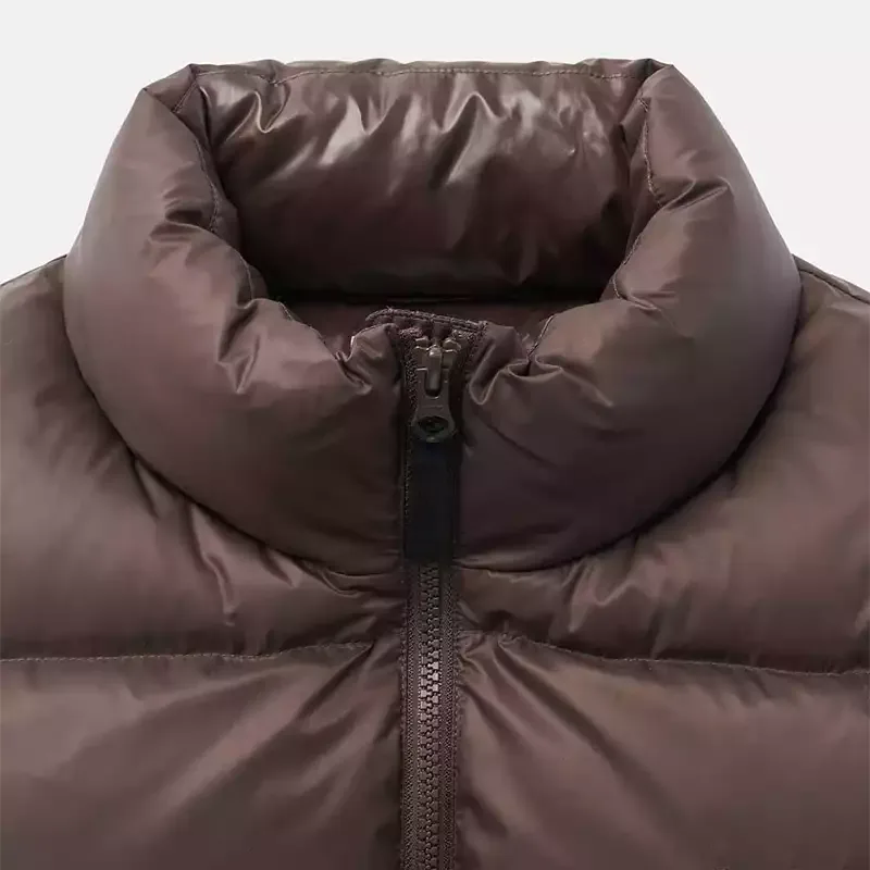 Unisex Cotton-Filled Puffer Vest — Brown, Beige & Black — Brown, collar close-up