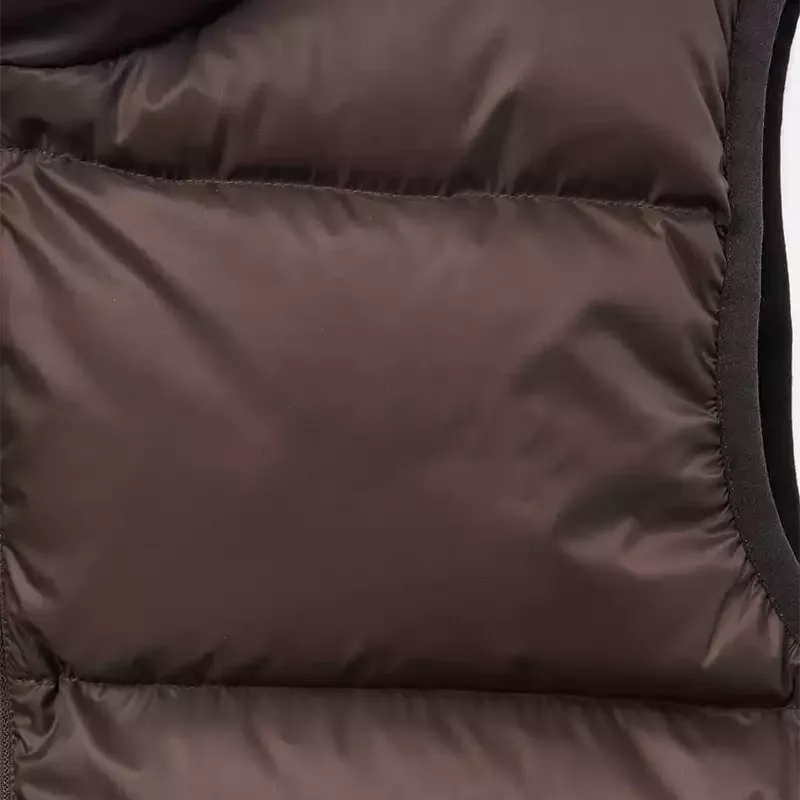 Unisex Cotton-Filled Puffer Vest — Brown, Beige & Black — Brown, fabric close-up