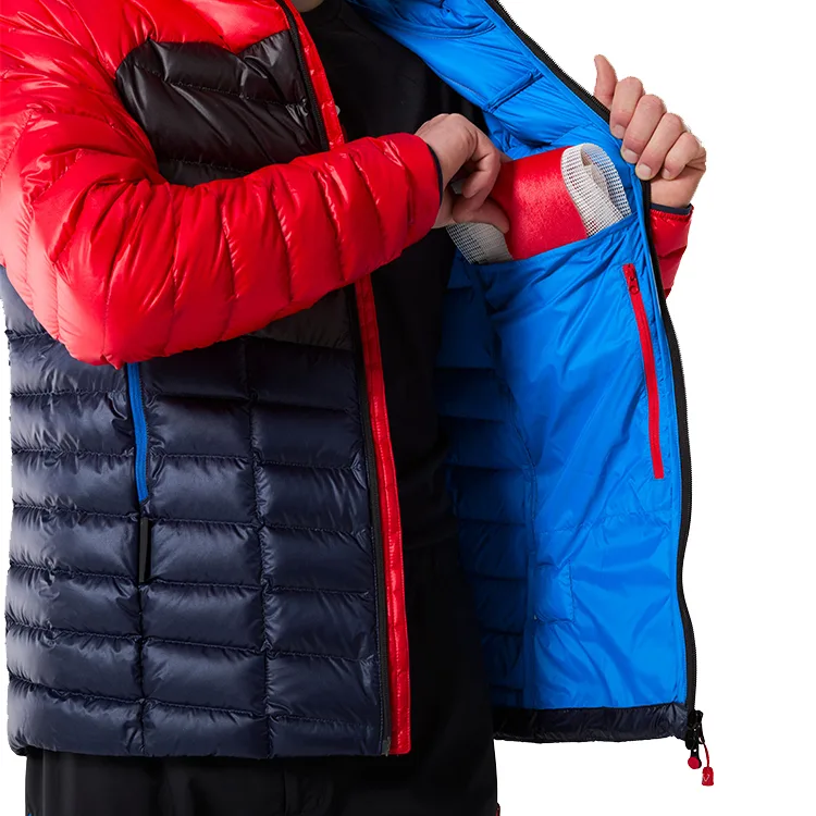 Unisex Down Jacket — 3 Colourways — Red/Navy/Black, open view with blue lining