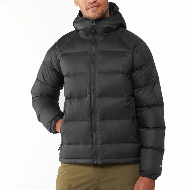 Unisex Down Jacket — Black — Black, front view, worn