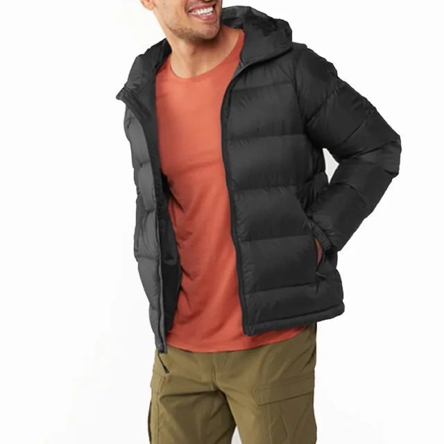 Unisex Down Jacket — Black — Black, front view, worn open