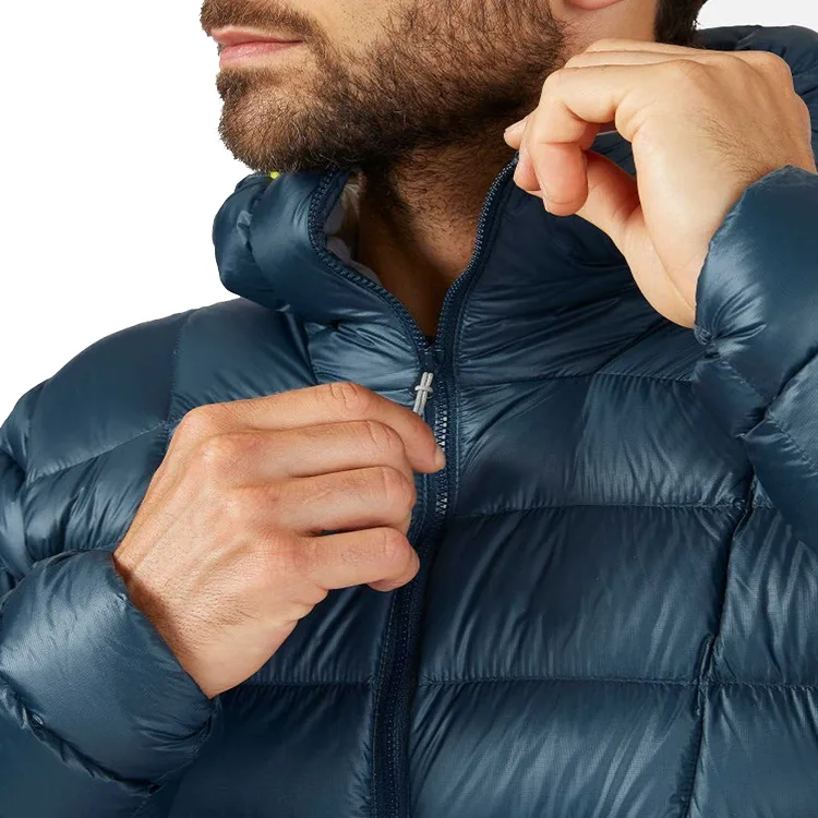 Unisex Down Jacket — Black & Navy — Dark Blue, collar and zip detail