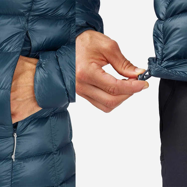 Unisex Down Jacket — Black & Navy — Dark Blue, pocket and hem detail