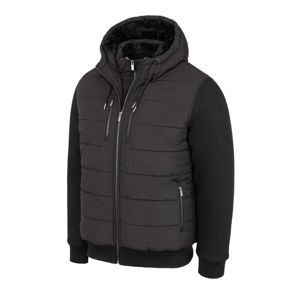 Unisex Down Jacket — Charcoal & Black — Charcoal & Black, three-quarter front view