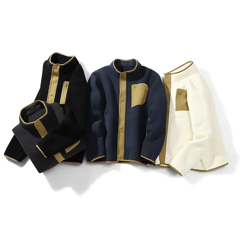 Unisex Fleece Jacket — 4 Colourways with Tan Trim — Dark Grey & Tan, Black & Tan, Navy & Tan, Off-white & Tan, the four colourways together