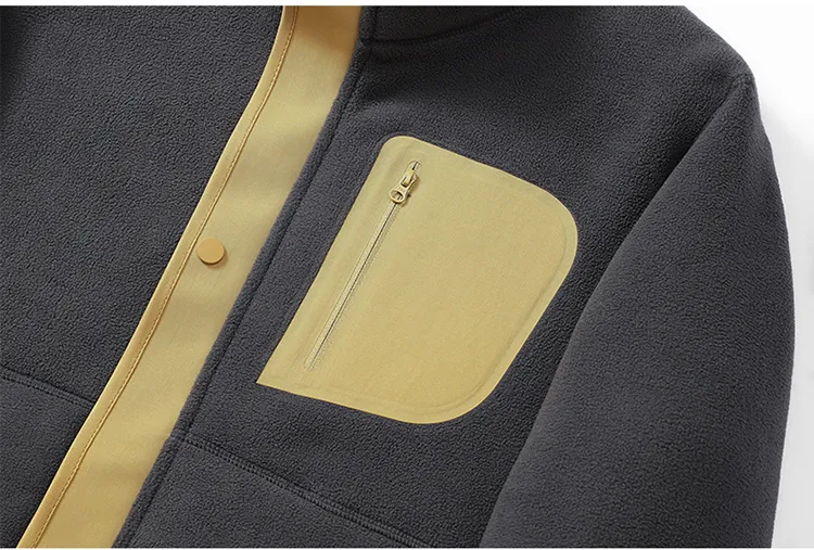 Unisex Fleece Jacket — 4 Colourways with Tan Trim — Dark Grey & Tan, chest pocket close-up