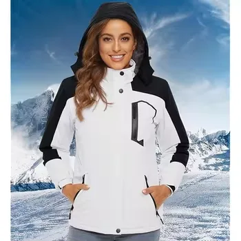 Unisex Fleece-Lined Ski Jacket — White & Black — White & Black, worn front view on snow