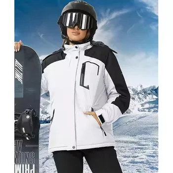Unisex Fleece-Lined Ski Jacket — White & Black — White & Black, worn front view with snowboard