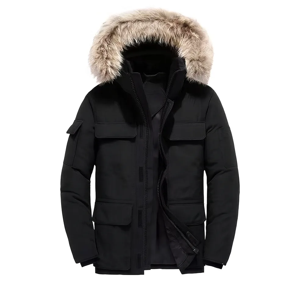 Unisex Fur-Trim Hood Parka — Black — Black, front view