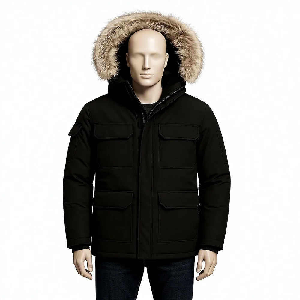 Unisex Fur-Trim Hood Parka — Black — Black, front view, worn