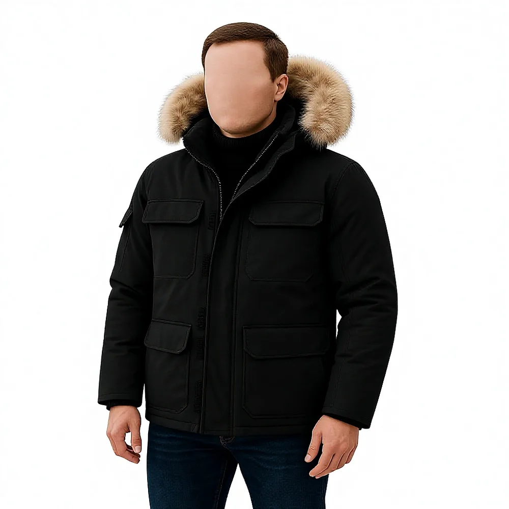 Unisex Fur-Trim Hood Parka — Black — Black, front view, worn