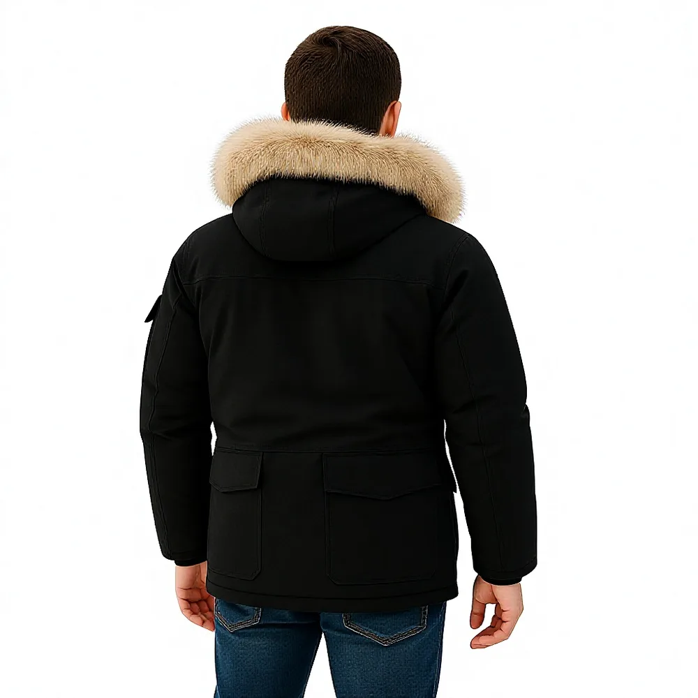 Unisex Fur-Trim Hood Parka — Black — Black, back view, worn