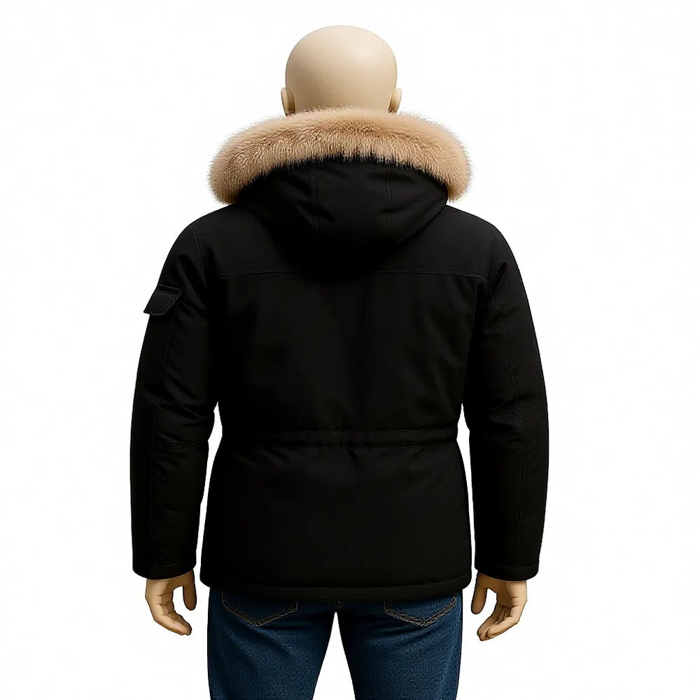 Unisex Fur-Trim Hood Parka — Black — Black, back view with the fur hood