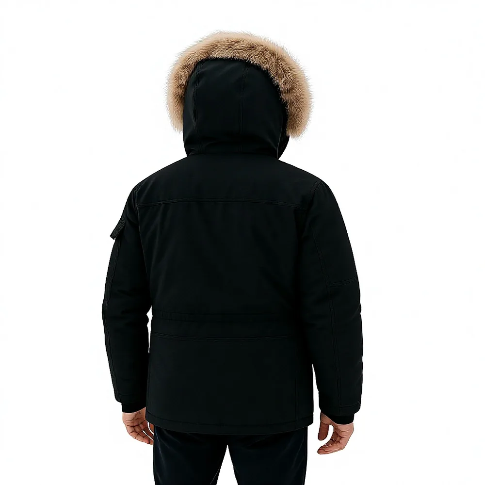 Unisex Fur-Trim Hood Parka — Black — Black, back view