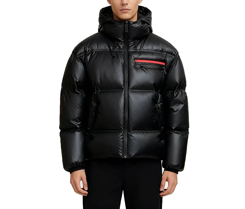 Unisex Glossy Hooded Puffer Jacket — Black — Black, front view, worn