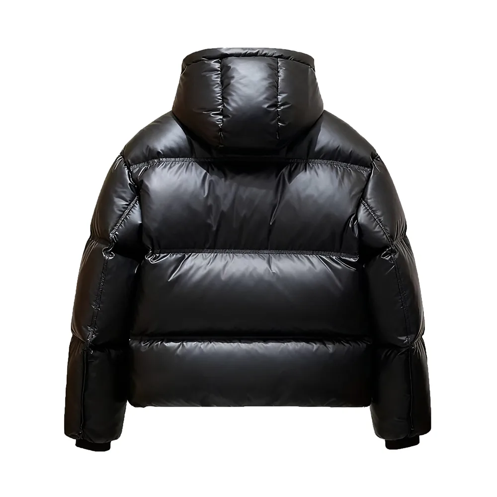 Unisex Glossy Hooded Puffer Jacket — Black — Black, back view