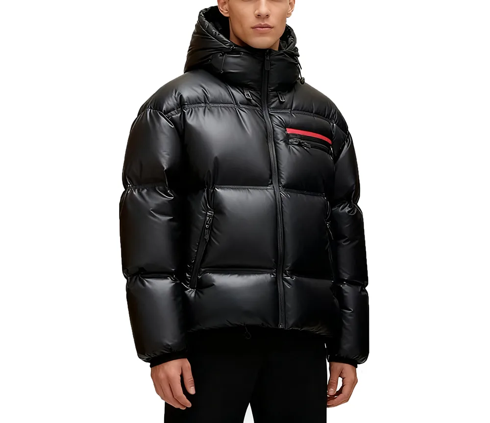 Unisex Glossy Hooded Puffer Jacket — Black — Black, front view at an angle, worn