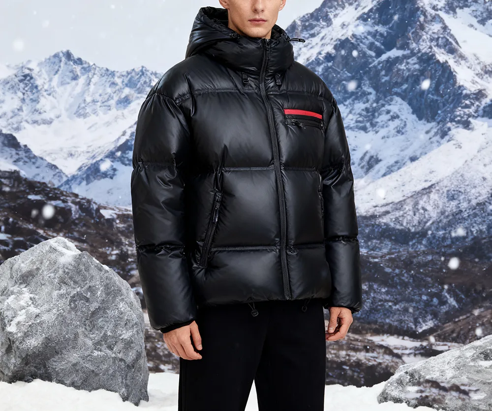 Unisex Glossy Hooded Puffer Jacket — Black — Black, worn, mountain backdrop